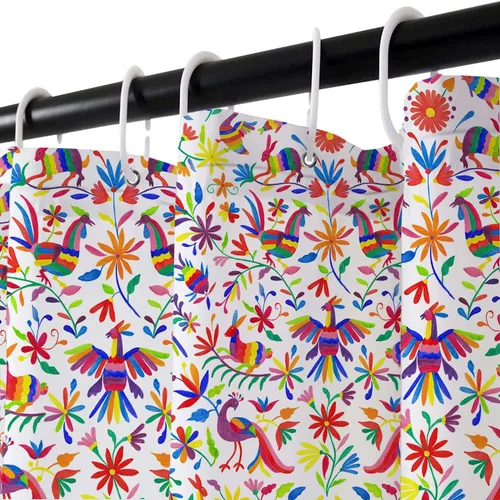 Miniatura 6 de Cortina de ducha con diseño floral de México, para baño, estilo tradicional mexicano Bluebird Otomi, diseño brillante, tela de cachemira, tela