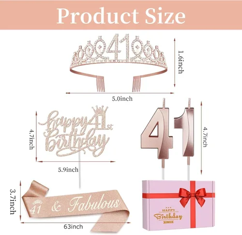 Miniatura 7 de Decoraciones de cumpleaños número 41 para mujer, que incluyen banda, corona/tiara, velas numéricas y adorno para pastel, regalos para mujeres de 41