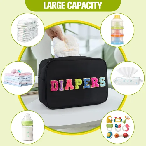 Miniatura 6 de Bolsa de pañales pequeña y portátil, organizador de pañales con letras de chenilla, bolsa organizadora de pañales para recién nacidos, artículos