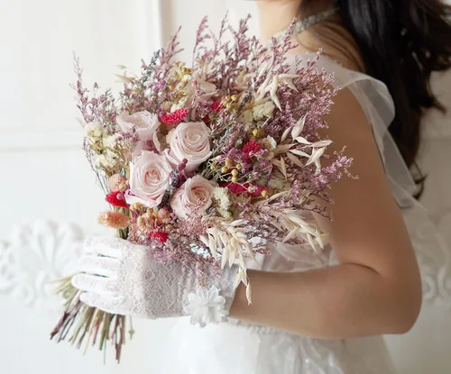 Miniatura 5 de Ramo de boda de rosas preservadas rosadas, Lovergrass, ramo de boda bohemio, ramo de hierba de pampa, ramo de flores secas, ramo de novia de 12 a 14