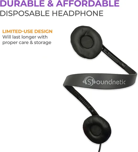 Miniatura 6 de Soundnetic SNCCV - Paquete de 10 auriculares estéreo con almohadillas de cuero sintético y control de volumen, color negro, ideales para escuelas