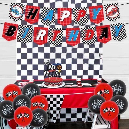 Miniatura 4 de Sursurprise Suministros para fiesta de 2º cumpleaños de coche de carreras, dos globos rápidos, decoración de pastel, pancarta de feliz cumpleaños