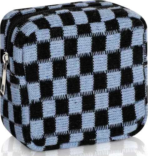 Bolsa de almacenamiento de servilletas sanitarias, almohadilla menstrual con cremallera, bolsa de periodo portátil a cuadros, bolsa de azul+negro
