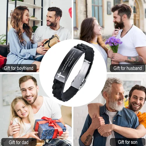 Miniatura 2 de MEALGUET Pulsera de cruz negra con cita religiosa, con texto de la Biblia cristiana, con texto en inglés "Cita religiosa", para hombres