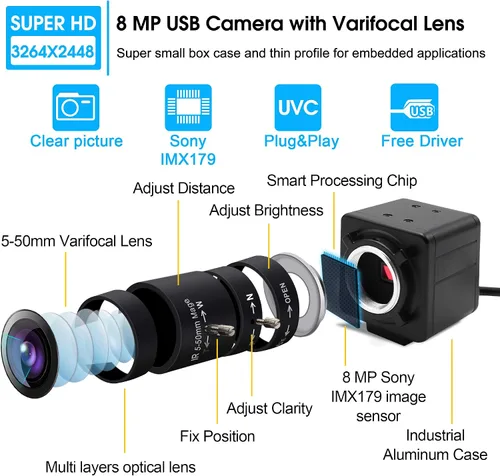 Miniatura 2 de Cámara USB 8MP 2448P Cámara web con lente de zoom Video Conferencia Transmisión Industria Cámara UVC Plug Play PC Webcam para Windows Linux MAC