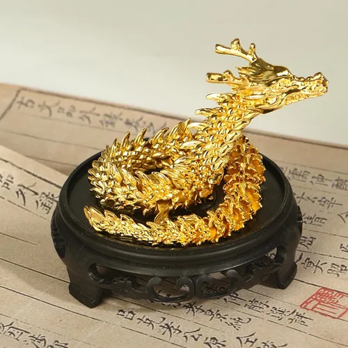 Miniatura 2 de Estatua y esculturas de dragón de Feng Shui de oro chino con articulaciones móviles, figuras coleccionables de dragón chino, decoración de mesa