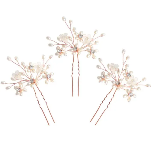 Miniatura 8 de Elegantes horquillas para el pelo de boda con perlas, accesorios de cristal floral flexibles para mujeres nupciales, paquete de 3 (dorado)