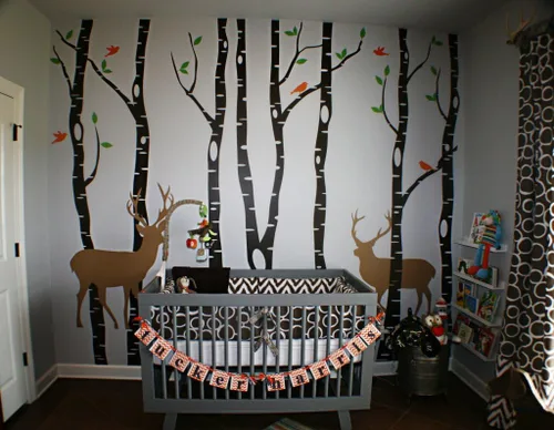 Miniatura 6 de Innovative Stencils Calcomanía de vinilo de abedul para pared, bosque con pájaros de nieve y ciervos, extraíble (9 árboles) #1161
