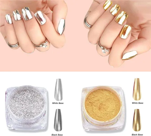 Miniatura 4 de Polvo cromado metálico Hisight 2 piezas de espejo de arte de uñas con purpurina cromada, pigmento en polvo, lentejuelas para uñas, color dorado