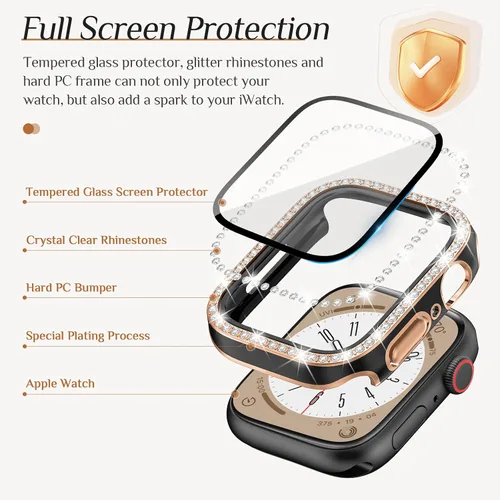 Miniatura 4 de Goton - Pack de 2 Fundas Bling para Apple Watch con Protector de Pantalla 40mm SE 3/2/1, Series 6/5/4, Funda con Purpurina para Mujer con Diamantes