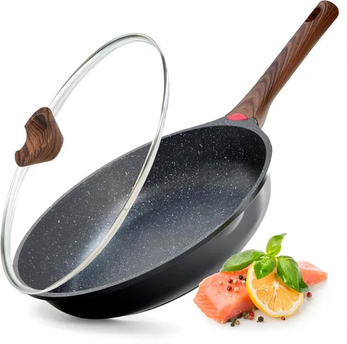 Sartén antiadherente con tapa, 12 pulgadas, sin PFOA, revestimiento de granito sin PFOA, sartenes grandes de 11.8 in para la familia, juego de