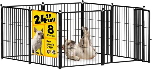 Corralito para perros de 24 pulgadas, 8 paneles para uso interior y exterior – Valla de metal resistente para mascotas con estacas para el suelo,
