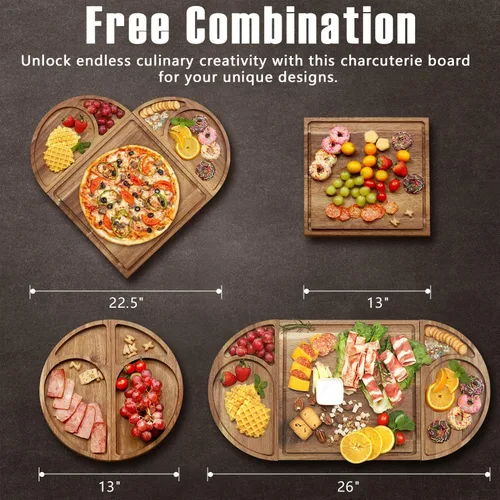 Miniatura 4 de Juego de 3 tablas de queso magnéticas extra grandes, tablero de queso, cuadrado, redondo y en forma de corazón, bandeja de madera para servir