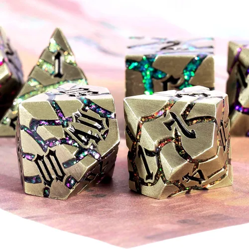 Miniatura 5 de Juego de Dados de Metal DND, Conjunto de 7 Dados Poliédricos D&D, Conjunto de Dados con Grietas Brillantes para Juego de Rol Calabozos y Dragones