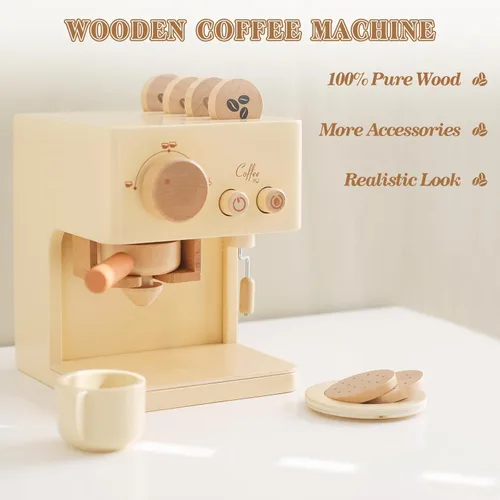 Miniatura 3 de ibwaae Cafetera para niños, 10 piezas, juego de cafetera de juguete, juego de cocina de madera, juguetes para niños pequeños, accesorios de cocina