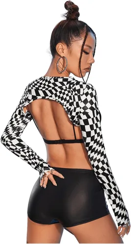 Miniatura 2 de SHENHE Camiseta corta con estampado gráfico de tablero de ajedrez para mujer, cuello redondo, manga larga