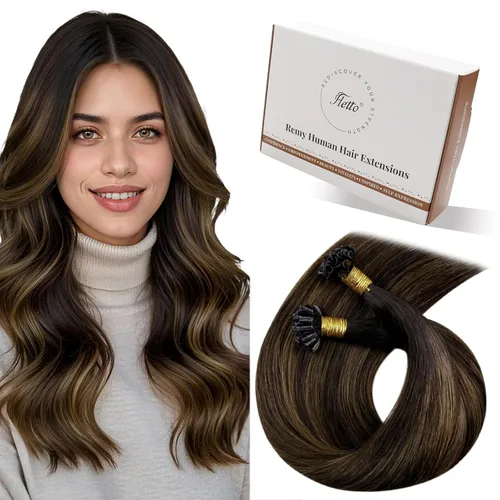 Miniatura 15 de Hetto Extensiones de cabello humano con nano cuentas, balayage, extensiones de cabello humano, color negro degradado a plateado, extensiones