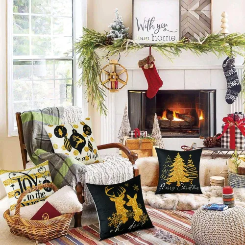 Miniatura 6 de OTOSTAR Juego de 4 fundas de almohada doradas de Navidad de 18 x 18 pulgadas para decoraciones de Navidad, alce negro y dorado, para árbol de Negro
