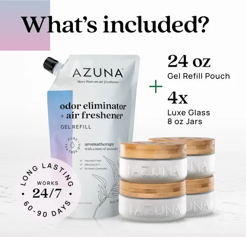 Miniatura 6 de Azuna Ambientador y Eliminador de Olor para Malos Olores Fuertes Kit de 4 Habitaciones Incluye (4) Frasco de Vidrio Luxe Vacío y Recarga de Gel