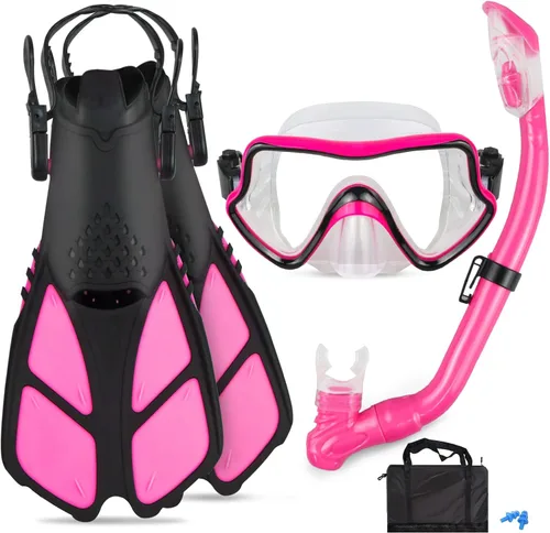 Juego de esnórquel para niños – Aletas ajustables + máscara de esnórquel panorámica + tubo de esnórquel seco + bolsas de viaje – Adecuado para niños