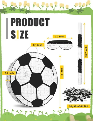 Miniatura 2 de Piñata de fútbol – Incluye palo de madera, vendaje de ojos y confeti – 13 x 13 x 3 pulgadas – Perfecto para decoraciones de fiestas deportivas