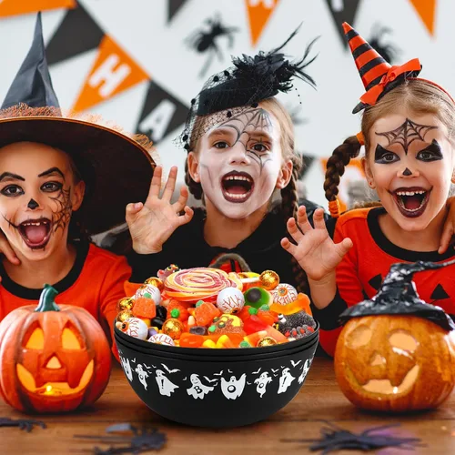 Miniatura 7 de 3 cuencos de plástico de Halloween para dulces, cuencos reutilizables para Halloween, suministros para fiestas de Halloween (fantasma negro)