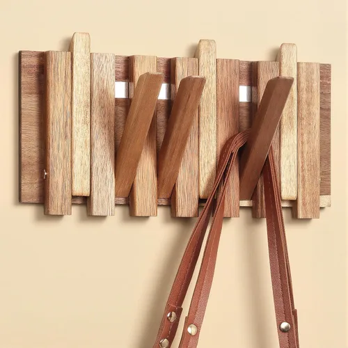 LOTOFUN Perchero de pared para entrada: Plegable de madera de granja con 6 ganchos de montaje de 10.4 pulgadas, rústico, decorativo, minimalista,
