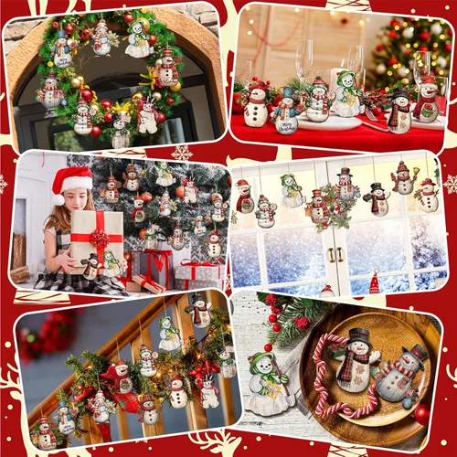 Miniatura 6 de Huwena 36 piezas de adornos de muñeco de nieve de Navidad para árbol, adornos de muñeco de nieve de Navidad, tallas de madera, adornos de árbol