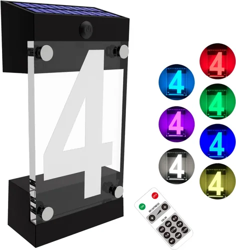 Miniatura 9 de Números solares de casa para exteriores, letrero de dirección solar de acrílico con estacas de hierro, control remoto impermeable RGBW que cambia