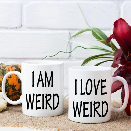 Miniatura 5 de Fatbaby Juego de tazas de café para él y ella, con texto en inglés "I Am Weird,I Love Weird,I Love Weird,I Love Weird," juego de tazas divertidas