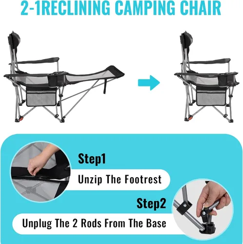 Miniatura 4 de Silla de Camping Reclinable 2-en-1 de #WEJOY con Reposapiés para Adultos Silla Plegable de Salón con Respaldo Ajustable Sillas de Camping Ligeras