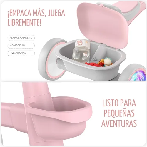 Miniatura 5 de SEREED Triciclo de iluminación colorida para niñas de 2 a 5 años, triciclo ajustable con asiento y manillar, cesta extraíble, idea de regalo de Rosa