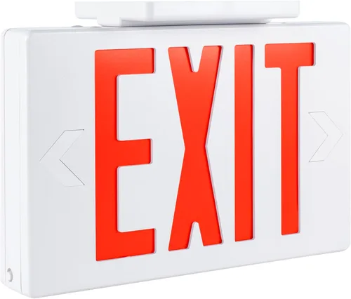 Gruenlich Letrero LED de salida, luz de emergencia con doble cara y baterías de respaldo, letra roja estándar de EE. UU., calificado UL 924, voltaje