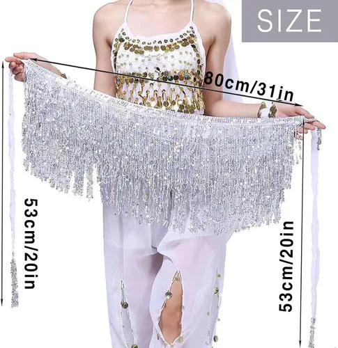 Miniatura 2 de dmjuncong Falda de danza del vientre para mujer, falda de lentejuelas con borlas y bufanda, disfraz brillante para Navidad, fiesta de Halloween