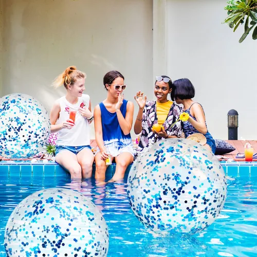 Miniatura 6 de Civaner 10 bolas inflables de playa con purpurina de 16 pulgadas, bola grande de confeti brillante para piscina, globo inflable transparente, Azul
