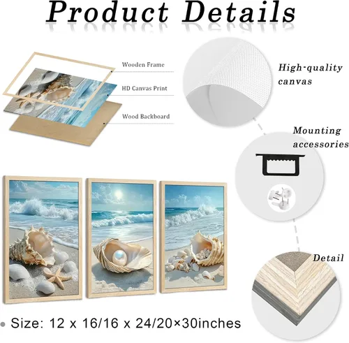 Miniatura 6 de SYWENNOI 3 piezas de arte de pared de playa con marco de madera, juego de 3 impresiones costeras, conchas marinas, estrellas de mar, olas, orilla
