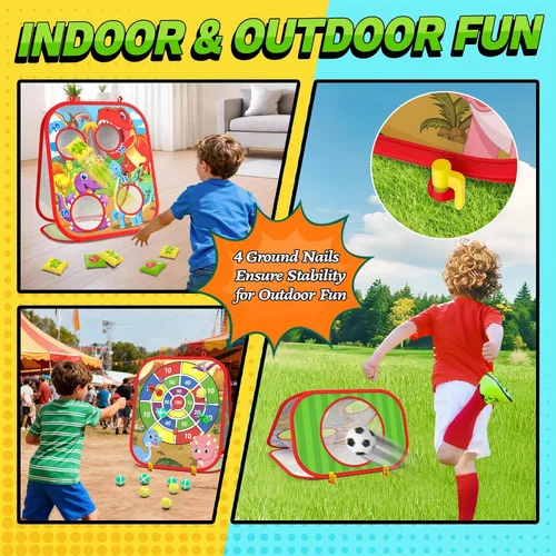 Miniatura 4 de Juego de Lanzamiento de Bolsas de Frijoles de Dinosaurio para Niños, Tablero de Cornhole 6-1, Juguetes al Aire Libre para Niños Pequeños