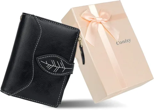 Miniatura 3 de CONISY Cartera pequeña para mujer, billetera compacta de cuero plegable con pulsera RFID bloqueo para mujer (negro)