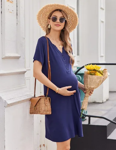 Miniatura 3 de Ekouaer Camisón de enfermería a rayas para mujer, manga corta, vestido de dormir para lactancia materna, partobata de trabajo