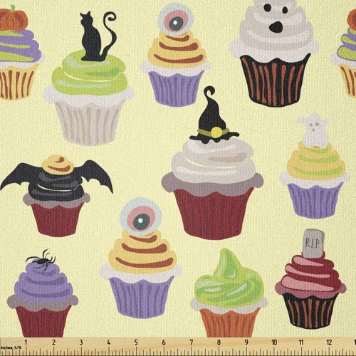 Miniatura 126 de Ambesonne The Yard, tela de calavera colorida con temática de Halloween, diseño de calavera y huesos cruzados, divertido estampado de dibujos