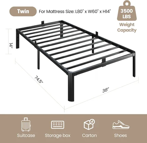 Miniatura 3 de Marco de cama de metal tamaño individual, marcos de cama de plataforma resistente de 14 pulgadas, 3500 libras, listones de acero sin ruido,