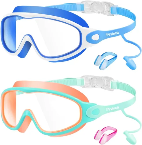 Miniatura 10 de Vvinca Gafas de natación para niños, con tapones para los oídos y clip para la nariz, visión amplia, antivaho y UV, para niños y niñas de 3 a 15 años