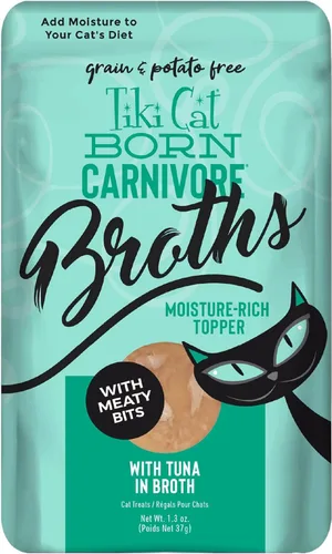 Tiki Cat Born Carnivore Broths, receta de atún, suplemento de hidratación y sabor, suplemento de comida para gatos, bolsa de 1.3 onzas (paquete de