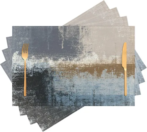 Miniatura 11 de Beige Grey Placemats Place Mats Set of 4 Modern Abstract Art Kitchen Table Mats - Washable Wipeable Linen Cloth Heat Resistant Dining Placemats for