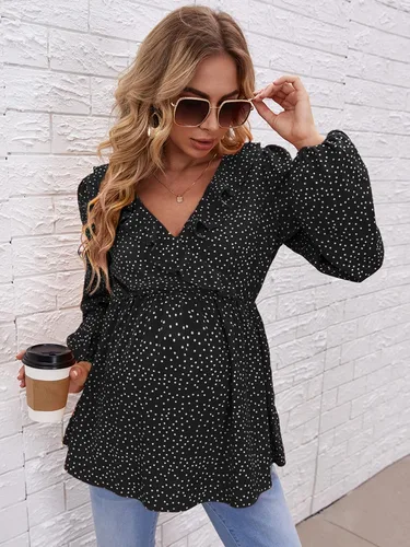 Miniatura 3 de OYOANGLE Blusa de maternidad con cuello en V y manga larga con volantes para embarazo