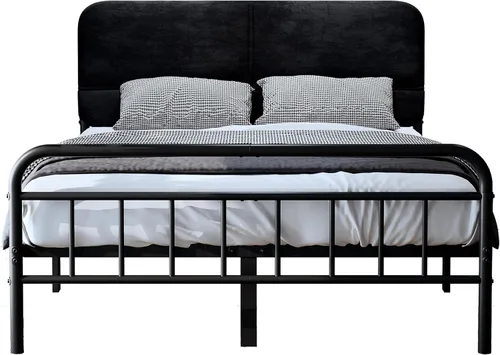 Miniatura 8 de Base de cama metálica de 14 pulgadas, tamaño matrimonial con cabecera tapizada, base de colchón resistente y de alta capacidad, fácil montaje,