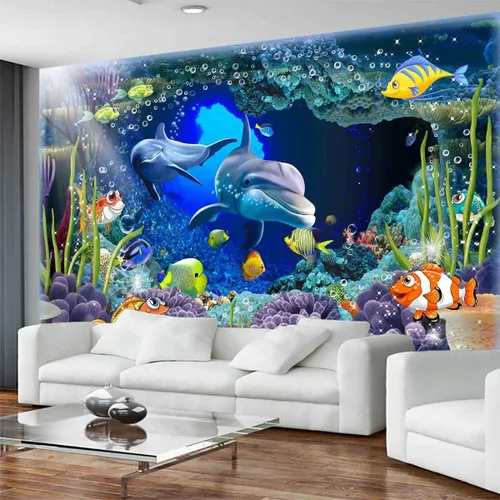 Miniatura 3 de Fondos de pantalla de flora y fauna del lecho marino, murales de pared de delfines y peces marinos nadando libremente, grandes murales de arte