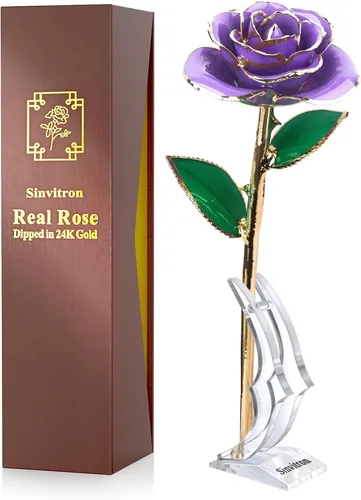 Miniatura 18 de Sinvitron Rosa Infinita Bañada en Oro - Rosa Eternamente Preservada en Resina Flor Eterna para Decoración de Cumpleaños, Día de la Madre, Rojo