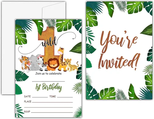 Wild One Invitaciones de cumpleaños, tarjeta de invitación para fiesta de cumpleaños de animales de safari del primer safari, recuerdos de fiesta de