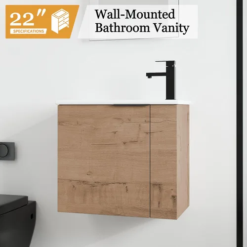 Miniatura 6 de Malwee Tocador de baño flotante de 22 pulgadas con lavabo, Tocador de baño de lavabo individual de 22 pulgadas montado en la pared, con 1 puerta